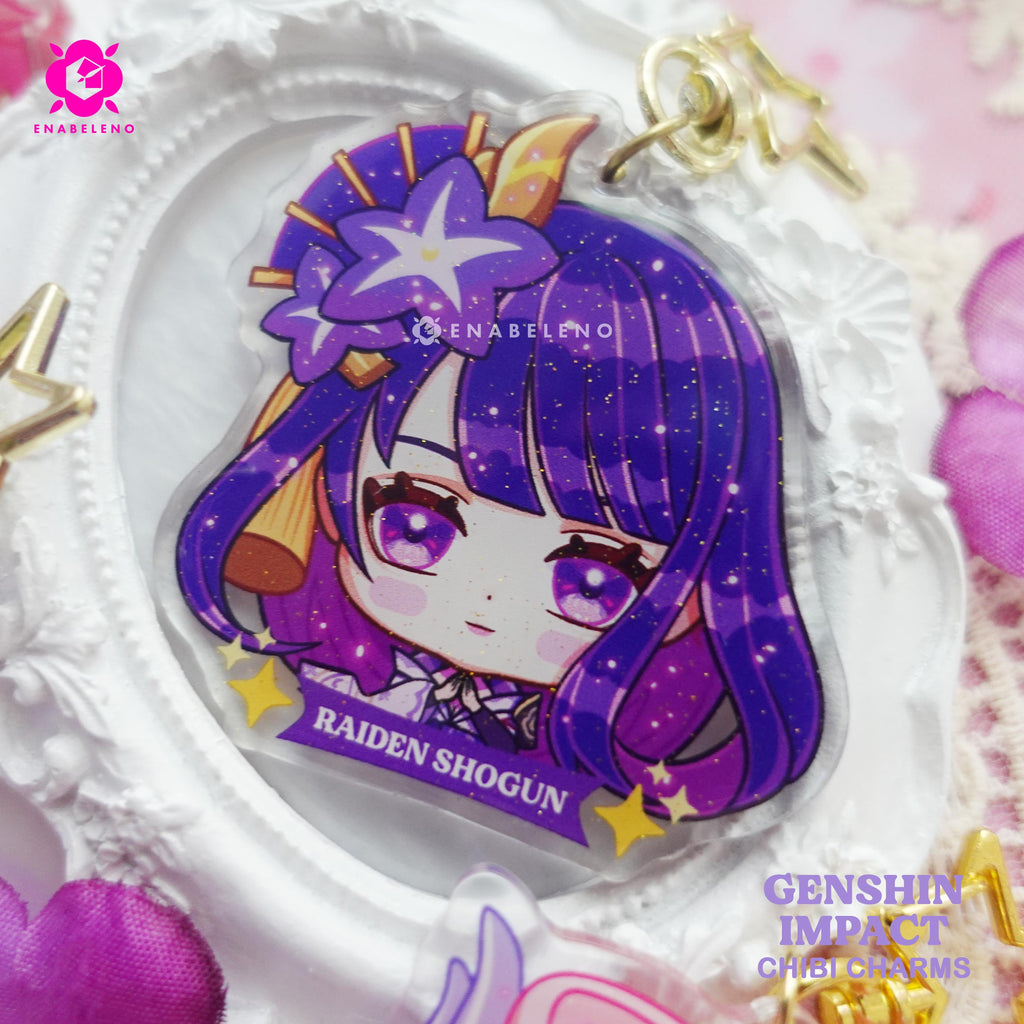 Cute keychains inspired by Genshin Impact characters in chibi style drawing. Best glitter keychains gift for Travelers and Hoyoverse fans.