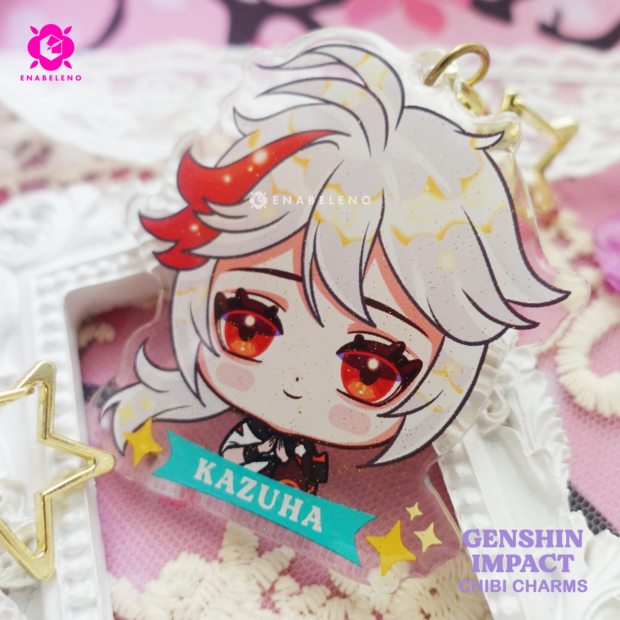 Cute keychains inspired by Inazuma Genshin Impact characters in chibi style drawing. Best glitter keychains gift for Travelers and Hoyoverse fans.