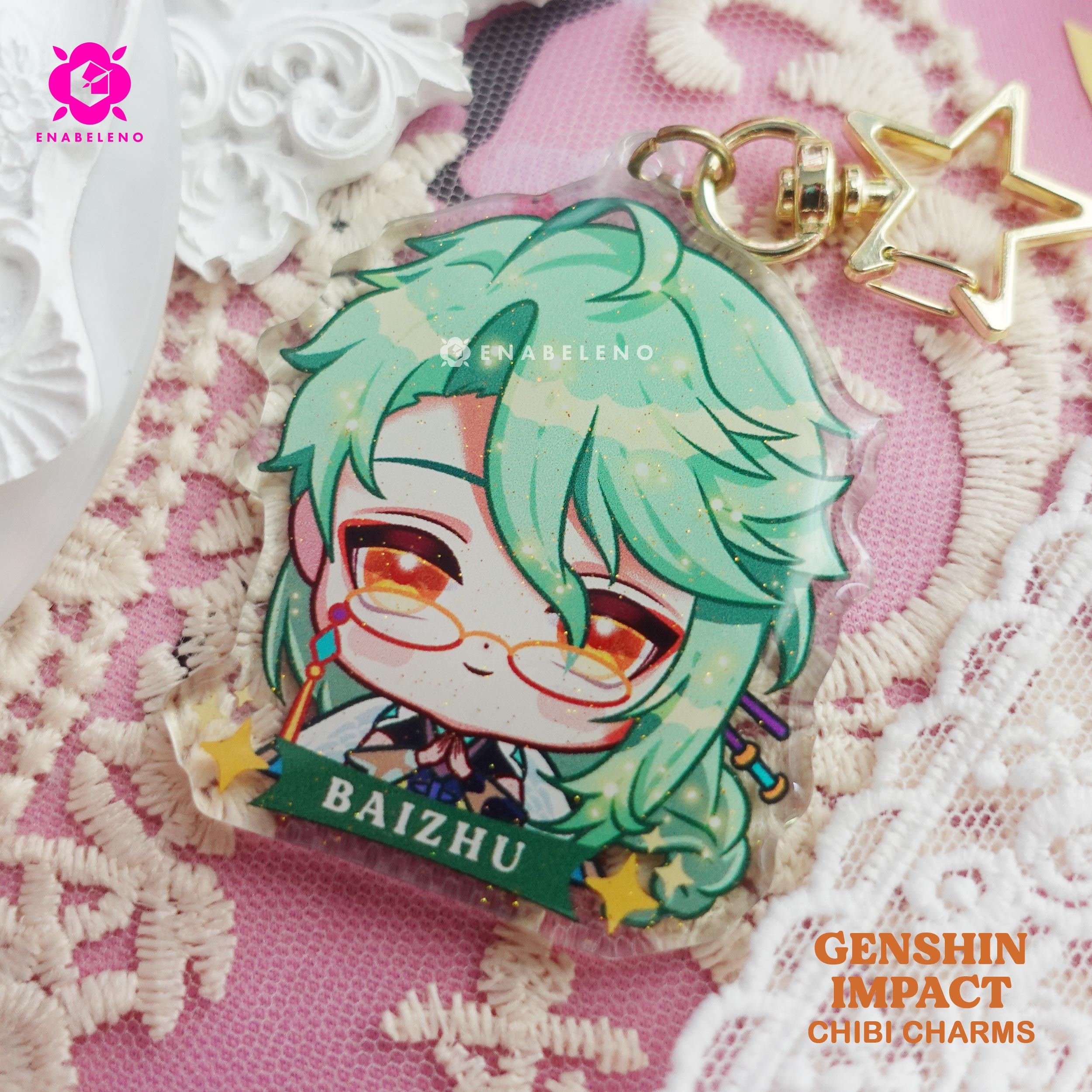 Cute Baizhu keychains inspired by the game Genshin Impact Liyue characters in chibi style drawing. Best glitter keychain gift for Travelers and Hoyoverse fans.