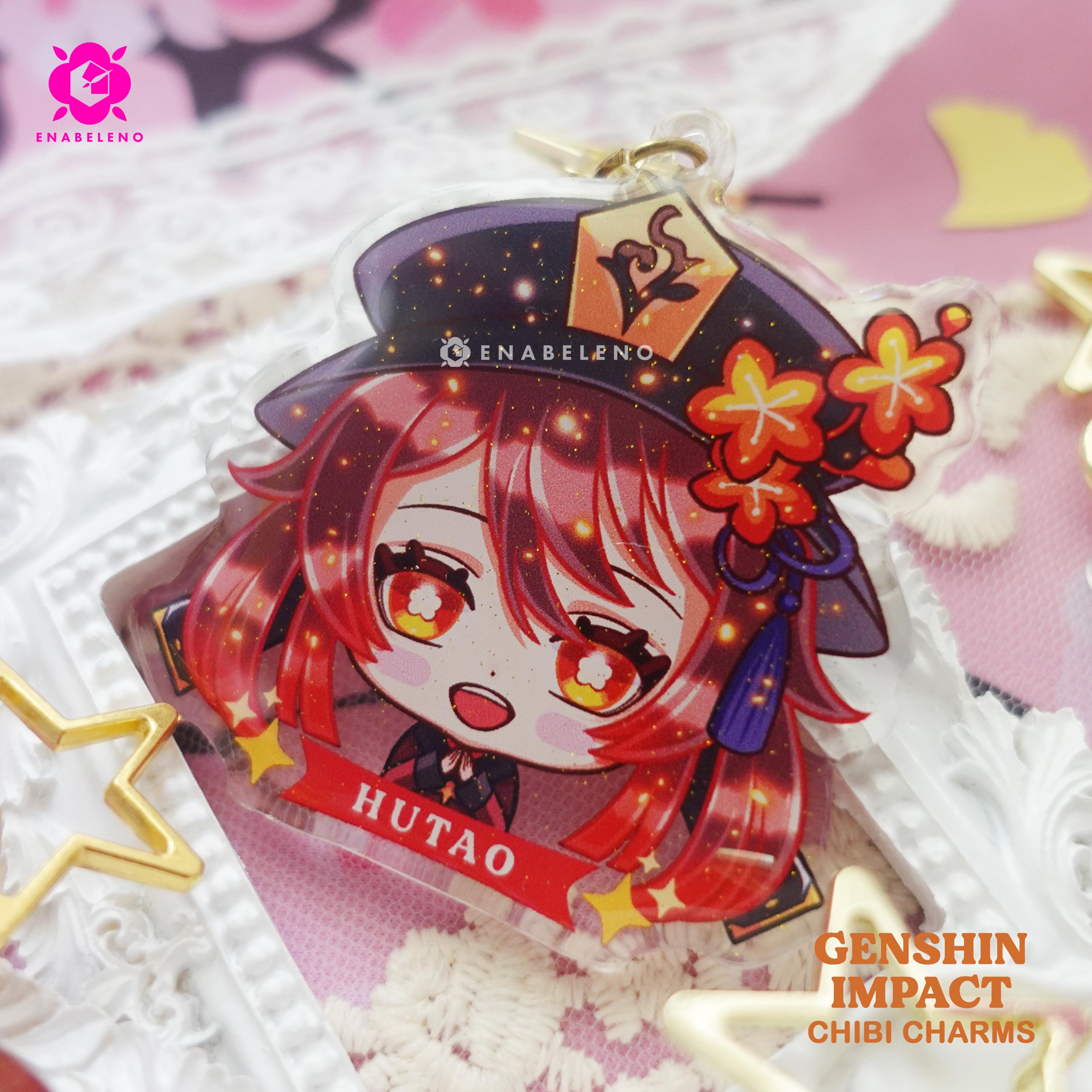 Cute Hutao keychains inspired by the game Genshin Impact Liyue characters in chibi style drawing. Best glitter keychain gift for Travelers and Hoyoverse fans.