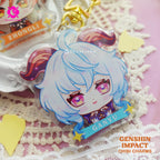Cute Ganyu keychains inspired by the game Genshin Impact Liyue characters in chibi style drawing. Best glitter keychain gift for Travelers and Hoyoverse fans.