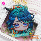 Cute Xianyun keychains inspired by the game Genshin Impact Liyue characters in chibi style drawing. Best glitter keychain gift for Travelers and Hoyoverse fans.