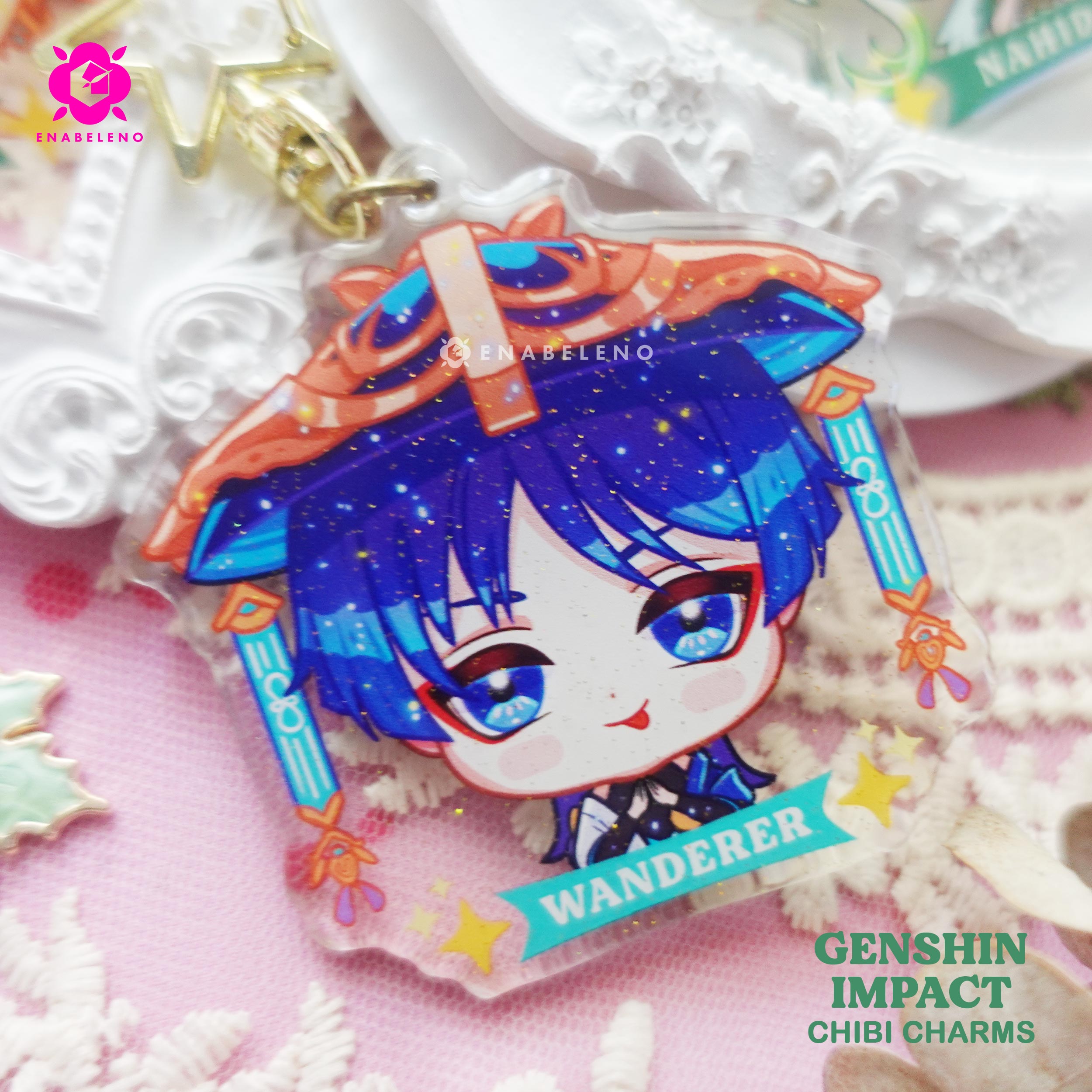 Cute keychains inspired by the game Genshin Impact Sumeru characters in chibi style drawing. Best glitter keychain gift for Travelers and Hoyoverse fans.