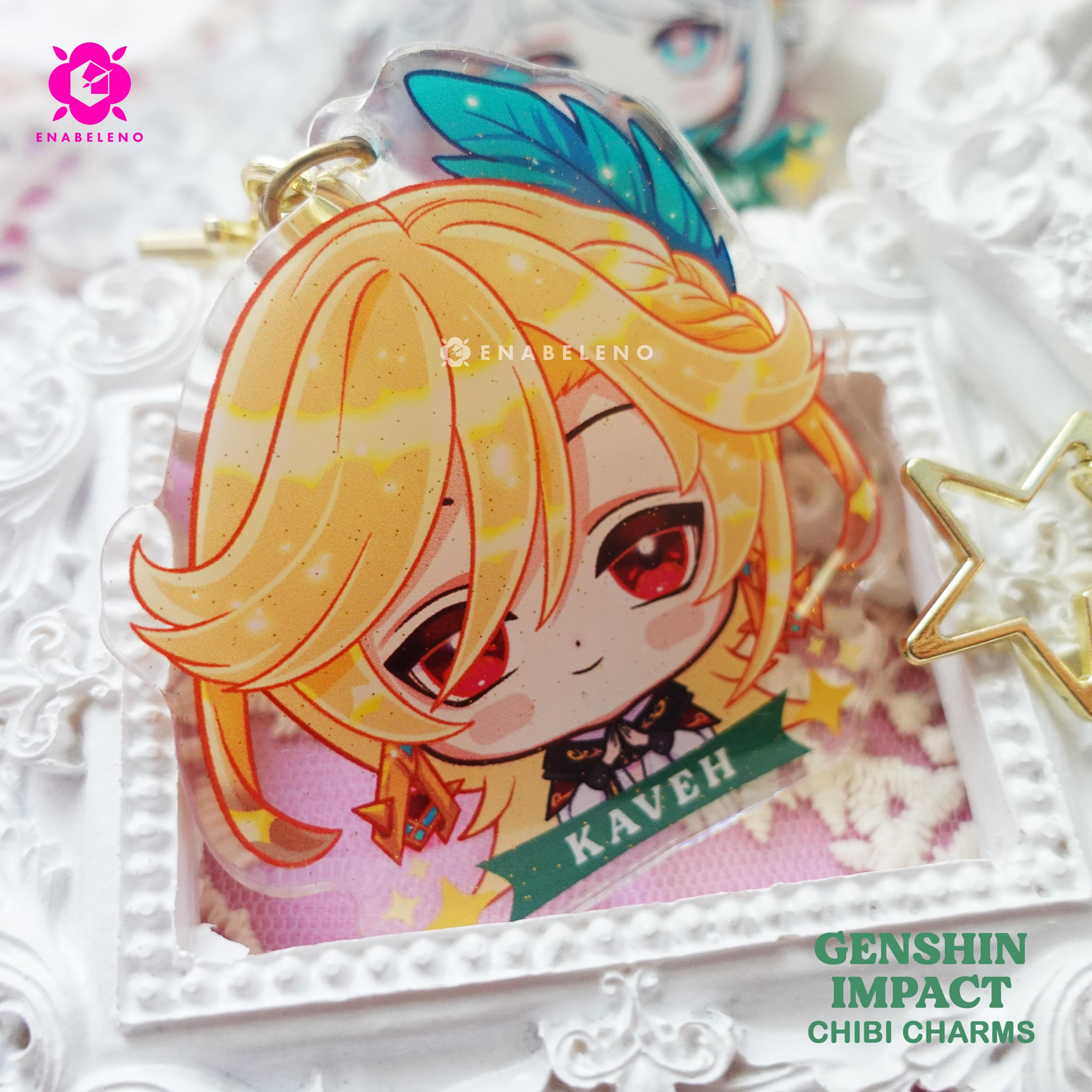 Cute keychains inspired by the game Genshin Impact Sumeru characters in chibi style drawing. Best glitter keychain gift for Travelers and Hoyoverse fans.