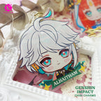 Cute keychains inspired by the game Genshin Impact Sumeru characters in chibi style drawing. Best glitter keychain gift for Travelers and Hoyoverse fans.