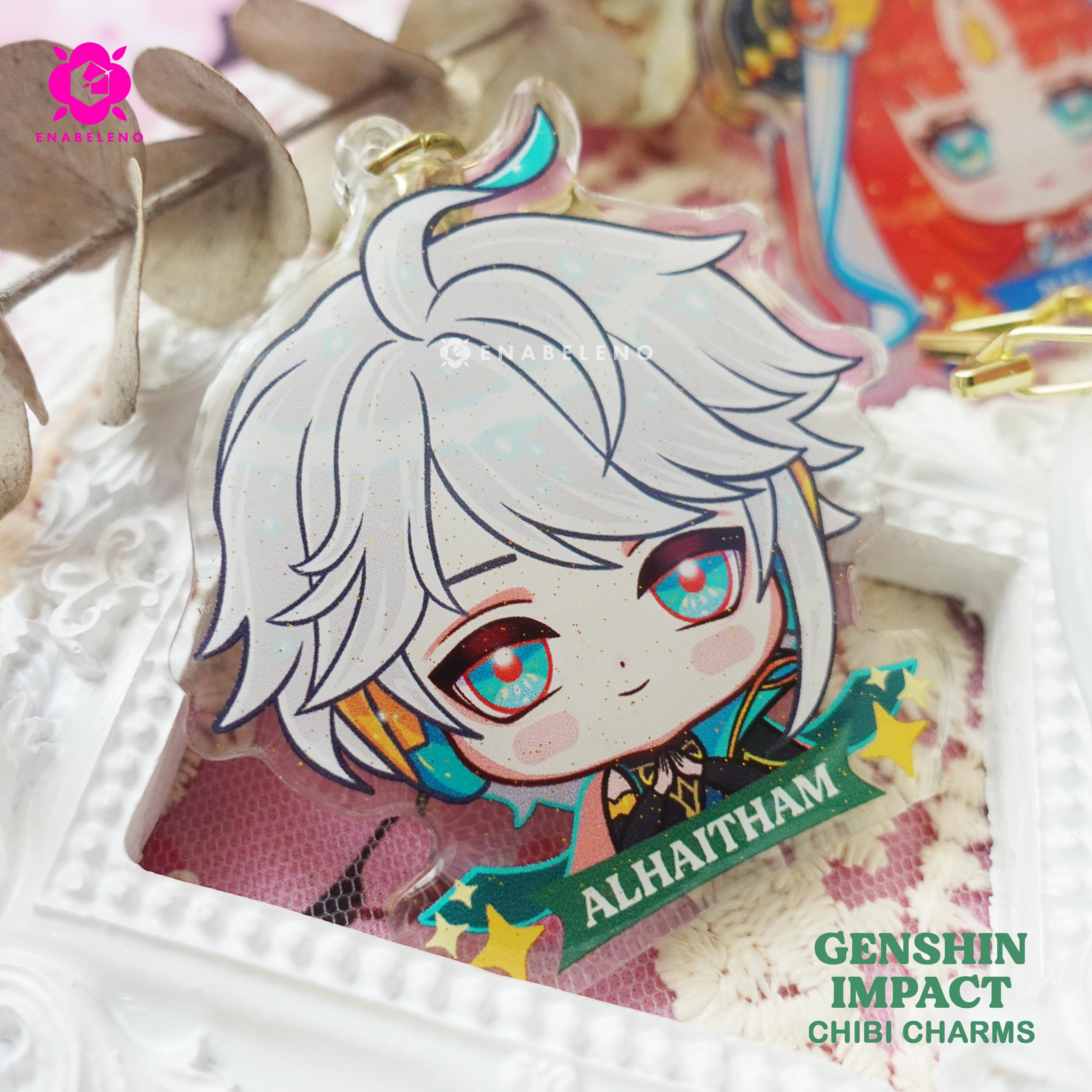 Cute keychains inspired by the game Genshin Impact Sumeru characters in chibi style drawing. Best glitter keychain gift for Travelers and Hoyoverse fans.