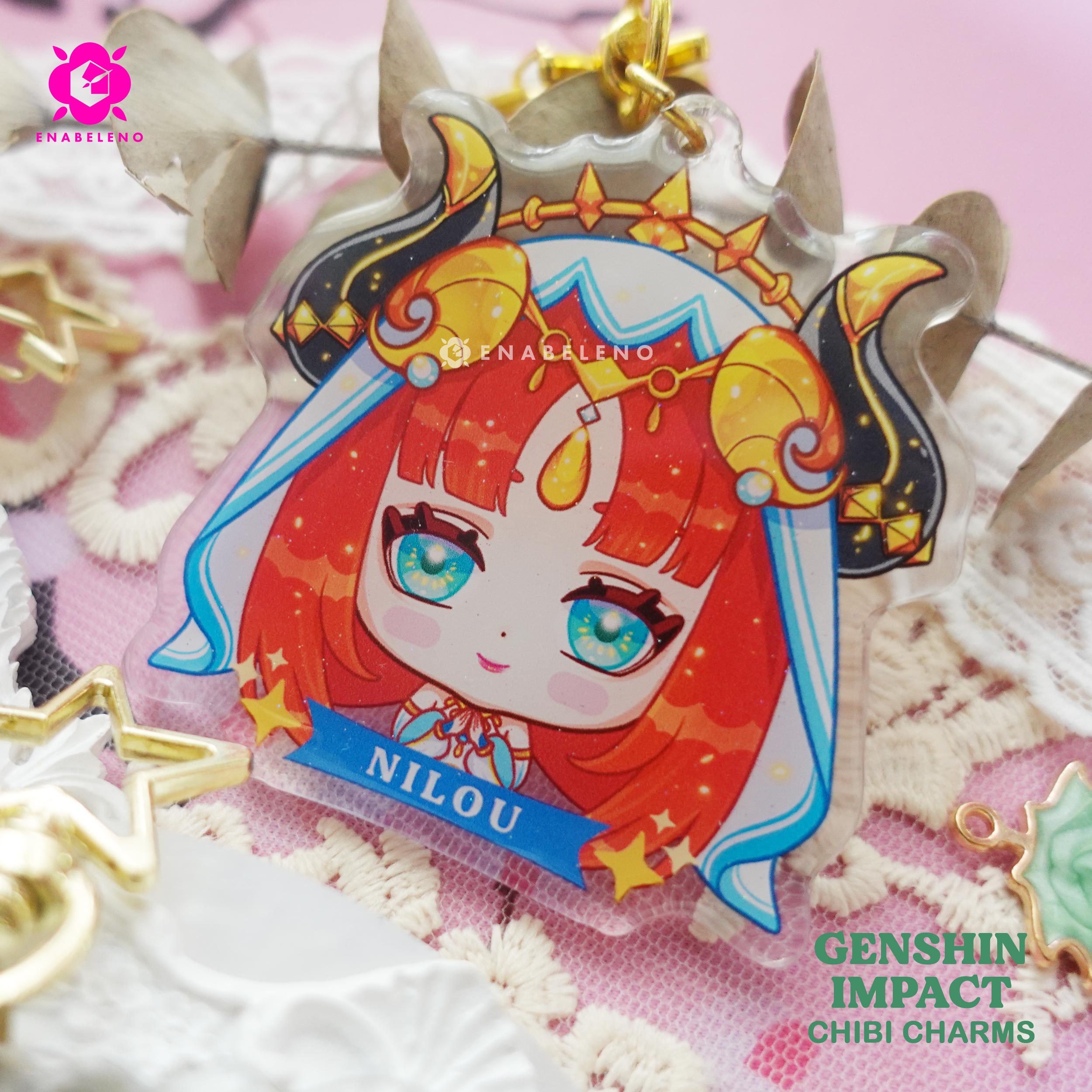 Cute keychains inspired by the game Genshin Impact Sumeru characters in chibi style drawing. Best glitter keychain gift for Travelers and Hoyoverse fans.