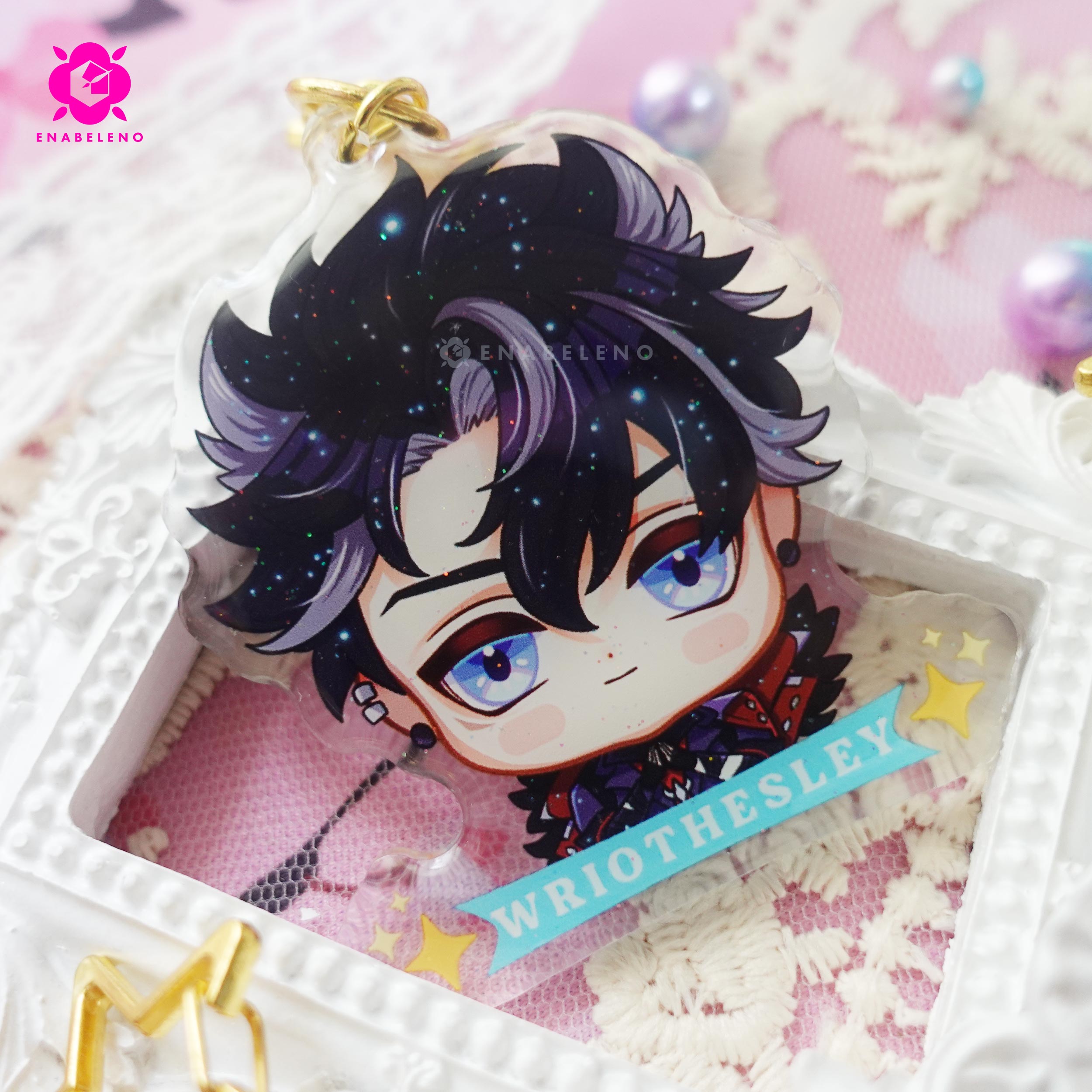 Cute keychains inspired by the game Genshin Impact Fontaine characters in chibi style drawing. Best glitter keychain gift for Travelers and Hoyoverse fans.