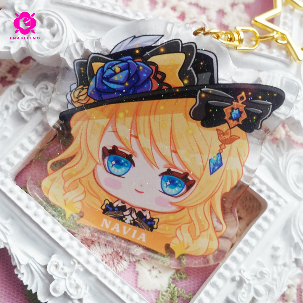 Cute keychains inspired by the game Genshin Impact Fontaine characters in chibi style drawing. Best glitter keychain gift for Travelers and Hoyoverse fans.