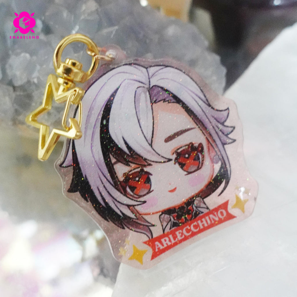 Cute keychains inspired by the game Genshin Impact Fontaine characters in chibi style drawing. Best glitter keychain gift for Travelers and Hoyoverse fans.