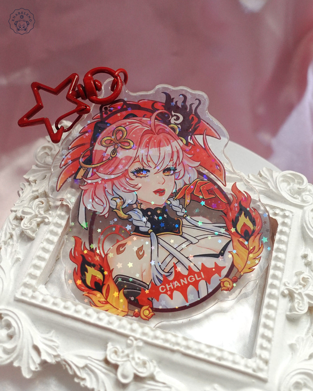 Cute Changli keychain inspired by the game Wuthering Waves. Best double side print keychain gift for Resonators and Kuro Games fans.